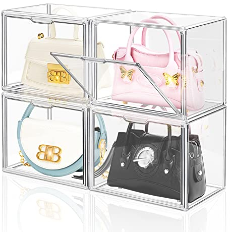 LINYAPRY 4 Packs Clear Plastic Handbag Storage Organizer for Closet, Acrylic Display Box for Handbag, Stackable Storage Boxes Bag Organizer with Magnetic Door for Purse Clutch Wallet Book Toys