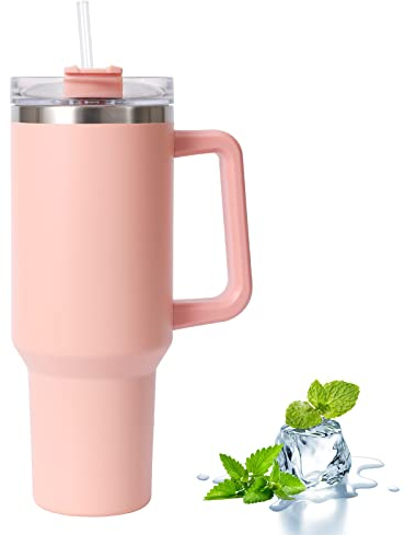 YsinoBear Tumblers Cup with Straw, Lid and Handle, 40oz/1200ml Stainless Steel Coffee Travel Insulated Mug, Leak Proof Vacuum Water Bottle for Hot Iced Drink, High Capacity, Pink