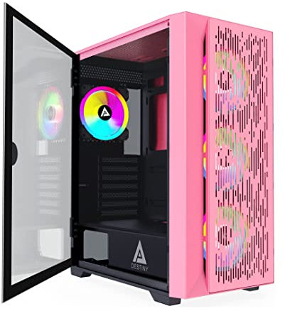 Apevia Destiny-Flow-PK Destiny Flow Mid Tower Gaming PC Case w/ 4X 120mm ARGB Fans, 366 RGB Light Modes, 1x Metal Flow Front Panel, 1x Door Swivel Style Magnetic Glass Side Panel, 2X USB3.0, Pink