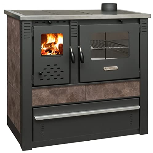 ProTermo Kaminofen Panonia in Mokka mit Abzug Rechts - 10,54 kW Heizleistung - 90x51x85 cm Holzofen mit Backfach und Herdplatte ohne selbstschließender Tür - Bauart 2