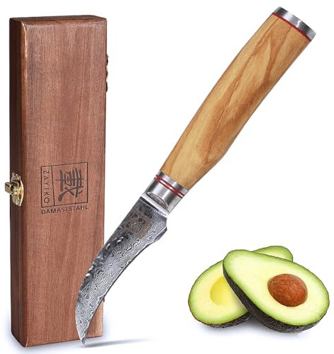 zayiko Olive Damastmesser Schälmesser 7 cm Klinge I aus 67 Lagen I Damast Küchenmesser und Profi Kochmesser aus echtem Damaststahl mit Hammerschlag & Olivenholz Griff