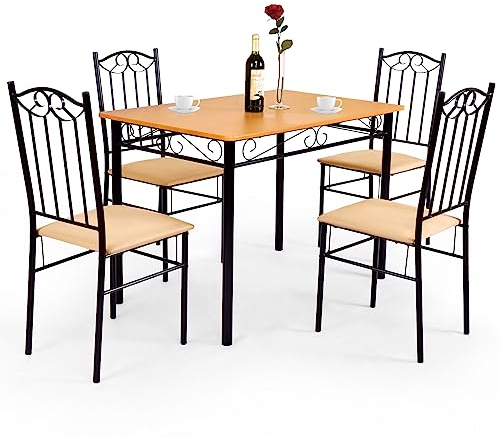 RELAX4LIFE Essgruppe 5-teilig, Esstisch mit 4 Gepolsterten Stühlen, Küchentisch aus Metallrahmen, Sitzgruppe für Esszimmer Wohnzimmer, Natur+Schwarz