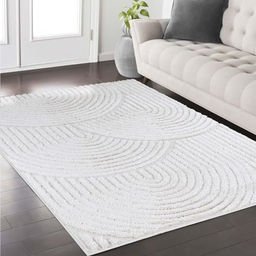 Taracarpet Teppich fürs Wohnzimmer Schlafzimmer und Kinderzimmer Skandi Boho Designerteppich hoch-tief Struktur Wellen Uni weiß 240x340 cm
