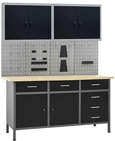 KOIECETA Werkbank mit 4 Werkzeugwänden 2 Wandschränken Werkstatteinrichtung Werkzeugschrank Werktisch Montagewerkbank Hängeschrank Lochwand