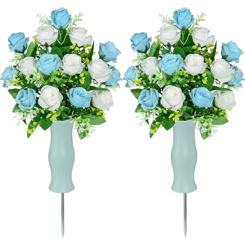 AOFOX Grabstein Blume für Gräber, künstliche Friedhof Blume Rose Bouquet Friedhof Memorial Blume mit Vase für Grabsteine Dekoration Set von 2 (Pale-Blue)