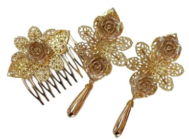 Pendientes dorados de flamenca y peinecillo. (9 cm)