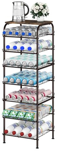 smusei Water Bottle Organizer 7 Tier Free Standing Water Bottle Storage Rack Metal Water Bottle Rack Shelf Large Capacity Bottled Water Holder Beverage Drink Stand for Kitchen Pantry Office, Brown