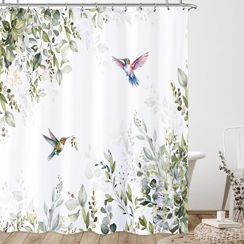 Laifzere Rideau de douche en tissu avec crochets pour salle de bain, motif colibri vert sauge, 183 x 183 cm