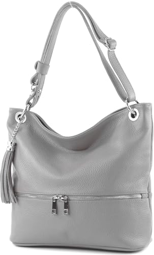 modamoda de - T143 - ital. Leder Schultertasche Umhängetasche, Farbe:Telegrau