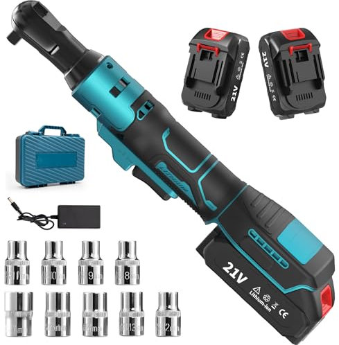 Housiwill 21V 3/8 Cordless Ratchet Wrench Set, Electric Ratchet Wrench Set with 2 * 2000mAh + 1 * 2A Charger + 9*Bolt Sockets, 60 ft-lbs 450 RPM Cordless Electric Ratchet Wrench Set.