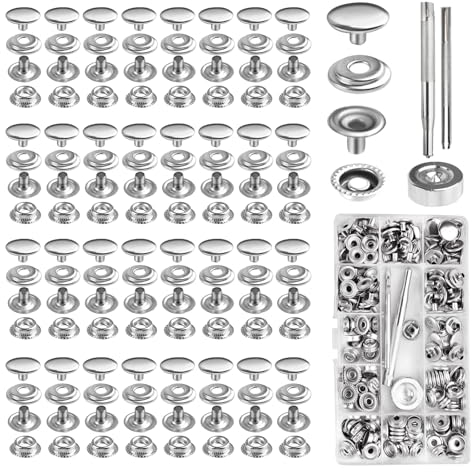 204 Stück Druckknopf Metall, 15mm Button Edelstahl Druckknöpfe, Druckknopf Set mit 3 Einstellungswerkzeuge, Druckknöpfe metall, Snap Fastener Kit für Bootstasche,Leder,DIY Craft