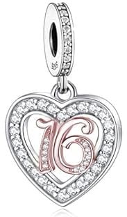 13 18 21 30 40 50 60 70 80 Birthday Age Anniversary Rose Gold Love Heart Charm Bead Pendant 925 Sterling Silver Compatible With Pandora Charm Moments Bracelet (16th Birthday Charm)