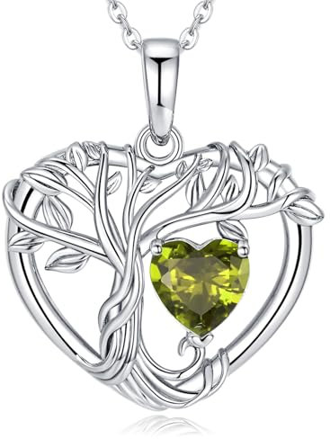 LOCIBLO Tree of Life Necklaces for Women 925 Sterling Silver Heart Pendant White Gold Green Synthetic Peridot Necklace August Birthstone Jewellery for Her, 18+2