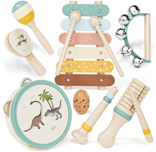 Lehoo Castle Musikinstrumente für Kinder, Montessori Holzspielzeug ab 1 2 3 Jahre, Instrumente Set mit Xylophone Trommel für Kindergarten, Musik Lernspielzeug Geschenk für Baby Mädchen Junge