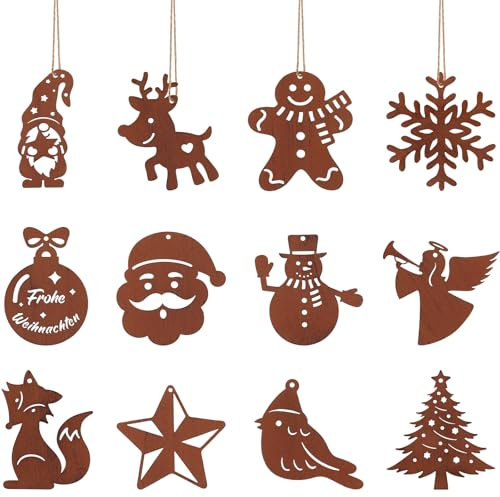 Otuuz 12 Stück Christbaumschmuck Rost Dekohänger Hirsch Stern Schneemann Rostdeko Metall Rostige Weihnachtsdeko Weihnachtsschmuck Weihnachtsanhänger für Weihnachtsbaum Gartendeko 8 cm
