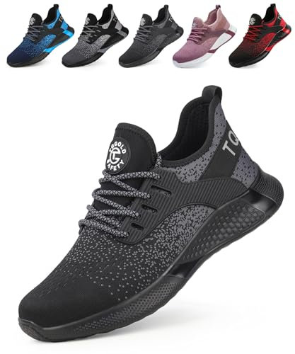 tqgold Sicherheitsschuhe Herren Arbeitsschuhe Damen Stahlkappenschuhe Leicht Atmungsaktiv Schutzschuhe rutschfest Sportlich Industrie Schuhe(8195 Schwarz,43EU)