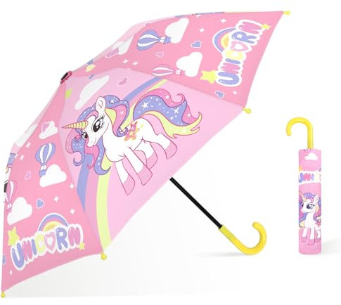 decalsweet Regenschirm Kinder Stockschirm mit Schirmhülle, Windsicher Robustheit Regen Regenschirm, Faltbarer Kinderschirm Taschenschirm für Junge Mädchen Leicht zu Transportieren,Regenbogen Einhorn
