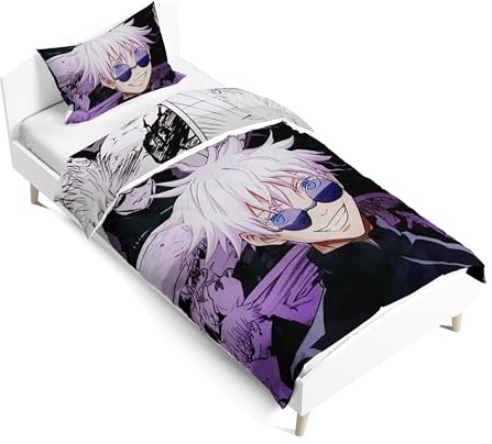JJK Bedding Anime-Bettbezug für Einzelbett, Gojo, Satoru, Geto, Suguru, Figur, bedruckt, 2-teilig (mit 1 x Kissenbezug), Cartoon-Bettbezüge für Kinder, Jungen, Mädchen, weiche Schlafzimmer-Bettwäsche,
