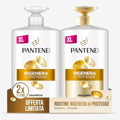 Pantene Pro-V Shampoo + Balsamo Rigenera E Protegge per Capelli Deboli, Secchi e Danneggiati, Balsamo Quotidiano, Non Unge, Con Vitamina B5 e Miscela di Nutrienti, Formato Maxi Convenienza 2x1000 ml