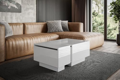 ALTDECOR Kaffeetisch 2er-Set, ideal als Sofatisch oder Wohnzimmertisch, solide Konstruktion aus Möbelplatte, mit Stauraum, 60+30x40 cm - Weiß Hochglanz - MONA36