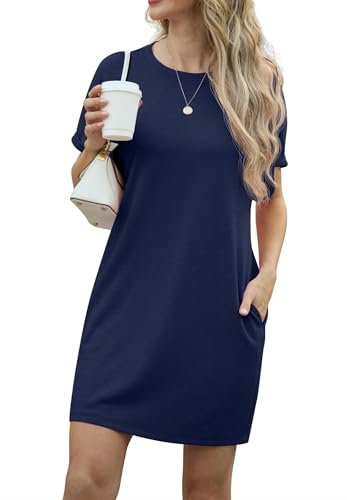 GRECERELLE Womens Summer Mini Dress Cap Sleeve Crew Neck T Shirt Short Casual Beach A Line Dresses with Pockets (Navy Blue, M)