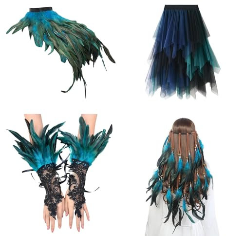Pfau Kostüm Damen, Blau Grün Pfau Tüllrock, Federboa Blau, Feder Manschette Handgelenk Armband, Böhmisches Karneval Pfau federboa Haarband für Fasching Cosplay Karneval Mottoparty