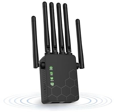 2025RipetitoreWiFi, 300Mbps WiFi extender ad alta velocità, Amplificatore Segnale con 6 Antenne Potenti, Banda 2.4GHz con Porta LAN, WPS, Copertura 1200㎡ per Uffici e Abitazioni (Nero)