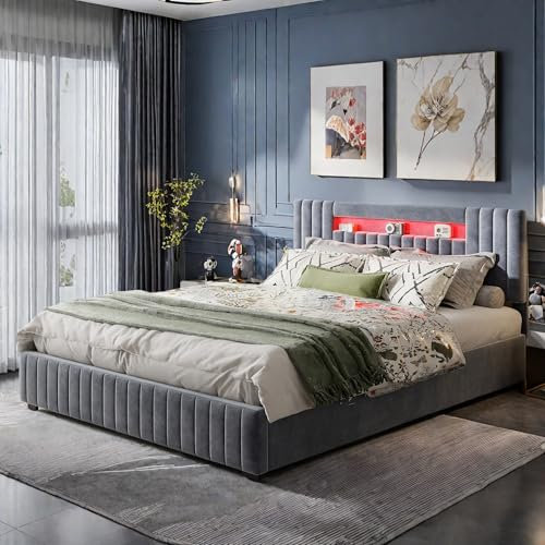 Doppelbett 140x200, Polsterbett Kopfteil Bett mit LED Beleuchtung, Hydraulisch Stauraumbett Funktionsbett, Bettgestell mit bettkasten und lattenrost, Samt, Grau, Ohne Matratze