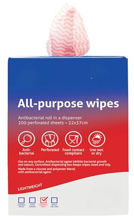 All-Purpose Antibacterial Wipes – 200 Tear-Off Sheets in Gloss Finish Portable Dispenser, Food Contact Safe, Colour-Coded for Hygiene, Inhibits Bacterial Growth (Red)