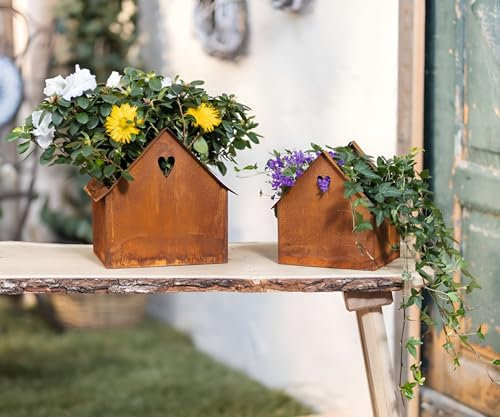 Dekoleidenschaft 2X Pflanzer Haus aus Metall mit Rost Finish, Outdoor Blumentopf, Pflanztopf, Pflanzgefäß, Gartendeko für Außen