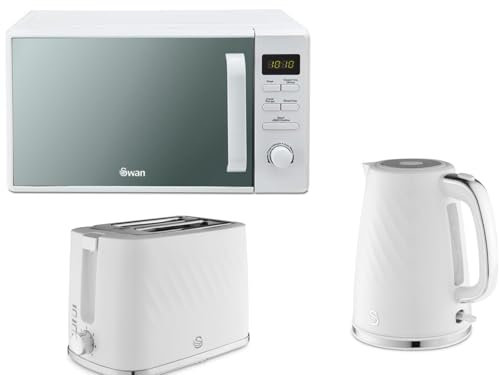 Swan Windsor White 1.7L 3KW Kettle, 2 Slice Toaster and 800W 20L Digital Microwave SM4421WHT. Contemporary Matching Kitchen Set with a Premium Sleek White Finish