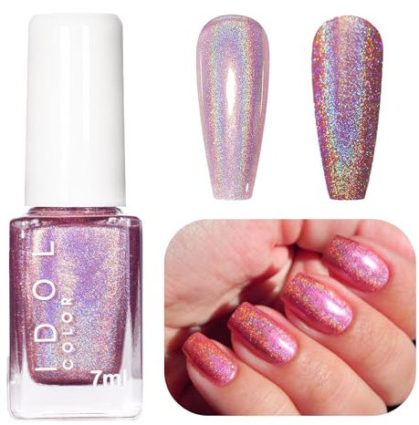 Holographic Nail Polish - Pink Glitter Nail Varnish - Quick Drying Magic Rainbow Nail Polish of Gorgeous Effect - Long Lasting Iridescent Purple Nail Varnish - No Need Cure for DIY Manicure
