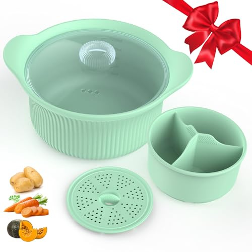 Mikrowellen-Silikon-Dampfgarer, 3 Fächer, 4-in-1, großer Mikrowellentopf mit Griff und Deckel, für Gemüse/Babynahrung, ofen- und spülmaschinenfest, leicht zu reinigen, 100 % lebensmittelechte
