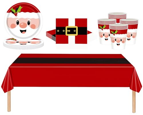 53Pcs Christmas Party Tableware Set for Table Decor,Red Cute Santa 137x274cm Large Plastic Tablecloth Christmas Cherry Party Paper Plates Cups Napkins Dinnerware Set for Xmas Favor Table ware