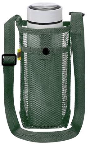 sourcing map Water Bottle Holder with Shoulder Strap, Mesh Water Bottle Sleeve Bag, Crossbody Bottles Carrier Sling Pouch for Hiking Gym Camping Walking Travel, Dark Green