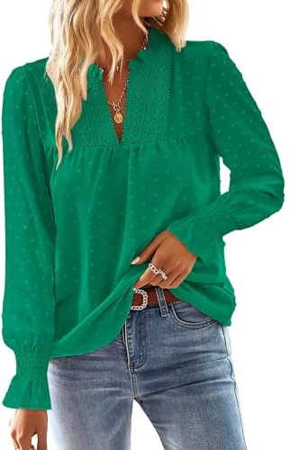 TUUHAW Tee Shirt Femme Boho Col en V Top Manches Longues Dentelle | Blouse Haut Été Chic et Élégant Chemise Automne, Tunique à Point Suisse, T-Shirt Mousseline Fluide Blouses Loose