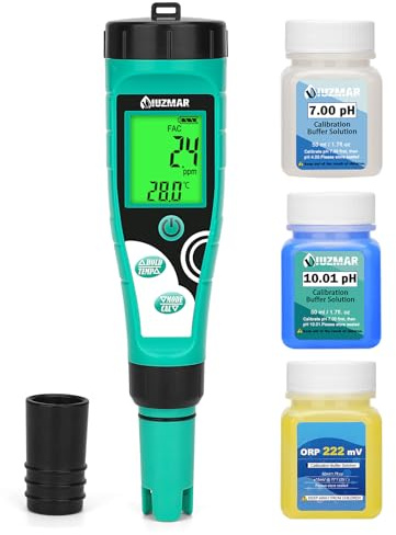 UIUZMAR Medidor de pH y Cloro para Piscinas, Digital Medidor de pH y Salinidad para Piscinas de Agua Salada, 7 en 1 FAC/pH/Sal/ORP/TDS/EC/Temp comprobador con Solución de Calibración para Spas