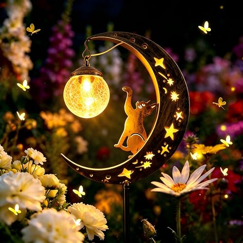 YeahBoom Mond Solarleuchten Garten Deko,Garten mit Katze,Leuchten Balkon | Mond Solarleuchten Garte im Freien Solarlampe,Wasserdichte Solarleuchte,Freien Solarlampe für draußen Terrasse Hof Rasen