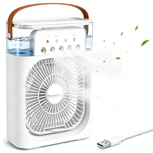 Portable Air Conditioner, 4-in-1 Mini Air Cooler With 3 Wind Speed, 2H/4H/6H Timer, 3 Misting Modes, 7 LED Light & 700ml Water Tank,USB Charge, Air Conditioner for Office, Home, Bedroom,Camping