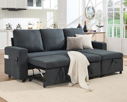 LUXOAK 227cm Spacious Sofa Bed with Storage & Pull Out Bed, L-Shape Sleeper Sofa with Modern Design, 3-Seater Sofa for Living Room and Apartment, Dark Gray