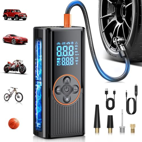 Compressore Aria Portatile Auto 8000mAh, 150PSI Pompa per Bicicletta a Doppia Alimentazione con Display Digitale e Luce LED, 4 Ugelli Diversi, Spegnimento Automatico per Auto, Moto, Bici, Palloni
