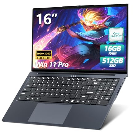 PC Portatile 16 Pollici Notebook Core i5 8210Y processore fino 3,6GHz, Laptop 16GB RAM SSD 512GB, Computer Portatile Schermo 1200P IPS, Porte RJ45 USB3.0 HDMI BT5.0 Tastierino Numerico Retroilluminato