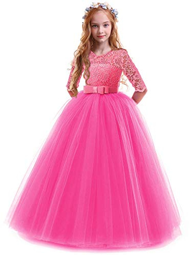 OBEEII Prinzessin Kleid Mädchen Abendkleid für Hochzeit Brautjungfer Blumenmädchen Geburtstag Party Jugendweihe Fasching Cocktail Dance Ballkleid Rose 7-8 Jahre