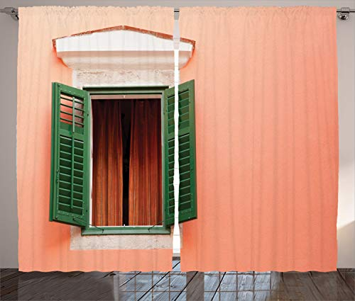 ABAKUHAUS Rustikal Rustikaler Gardine, Alte Retro Haus Fensterläden, Schlafzimmer Kräuselband Vorhang mit Schlaufen und Haken, 280 x 245 cm, Orange Grün Weiß