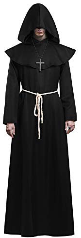KONVINIT Mönch Kostüm Herren Halloween Kostüm Männer Prister Gewand Kostüm Mittelalterliche Robe mit Kapuze ideal für Mottoparty, Halloween, Karneval und Fasching,schwarz L