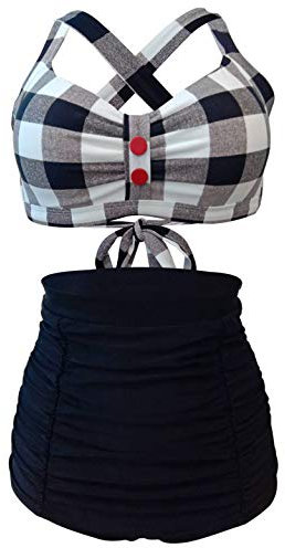 LA ORCHID Laorchid Rockabilly 1950s - Traje de baño para mujer (cintura alta, sin plancha, a cuadros) Rejilla blanca y negra. 46