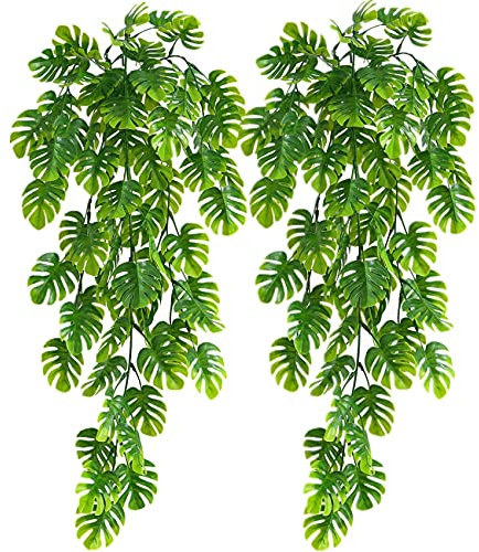 Artificial Hanging Plants 2 Pack, LOVENIMEN Monstera Leaves Fake Vine Ivy Leaf Green Rattan Greeny Tropical Palm Outdoor UV Resistant Plastic Plants for Bedroom Home Garden Office Wedding Décor