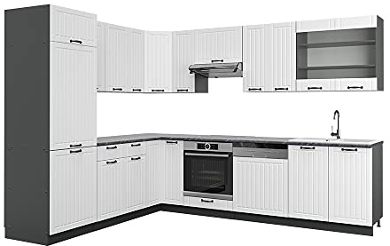 Vicco Eckküche Fame-Line, Weiß Landhaus/Anthrazit, 287 x 227 cm | 14 Module · Höhenverstellbare Füße · Ohne Arbeitsplatte · MDF-Fronten · Softclose · Metallgriffe