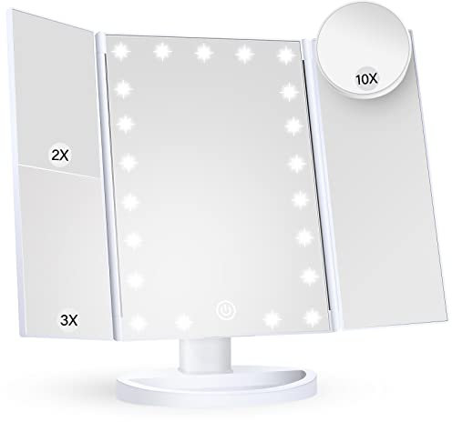 Espejo de maquillaje con luces, aumento 1x 2X 3X, espejo de maquillaje iluminado, control táctil, espejo de maquillaje triple, fuente de alimentación dual, espejo de maquillaje LED portátil, regalo