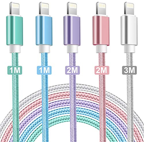 Apple iPhone Lightning Cable 5 Pack - 3M, 2M, 1M (Blue, Green, Purple, Pink, Silver) Long USB Charging Cables for iPhone 13, 12, 11 Pro Max, XR, X, 8, 7, 6S, SE, 5S, iPad
